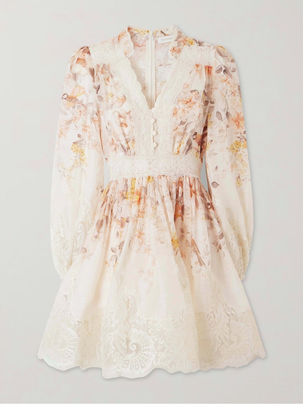 Zimmermann Cream Floral Lace-Trim Long Sleeve Mini Dress
